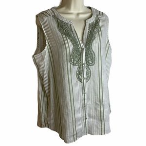 Coral Bay Linen Blend Sage Green striped sleeveless Summer Top Blouse